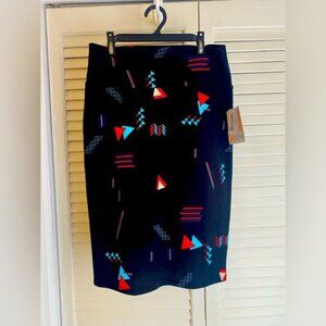 Lularoe Cassie Pencil Skirt Black With Red Blue Geometric Print Size S